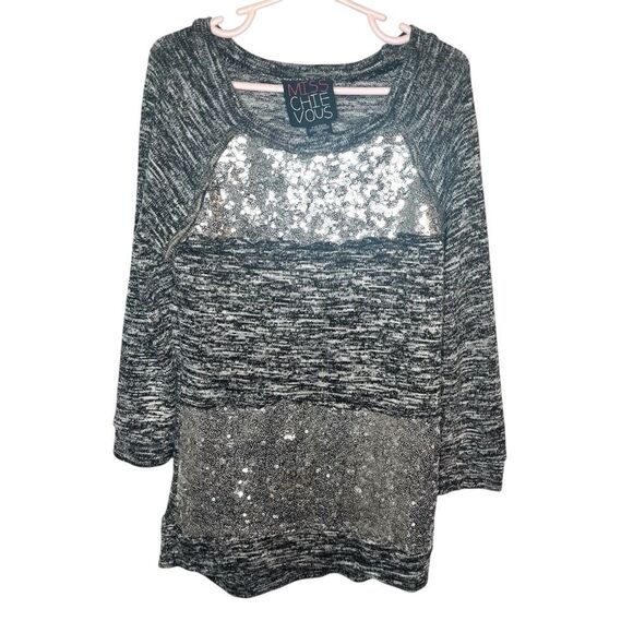 Miss Chievous Gray Knit Long Sleeve Tunic Tee Silver Sequins Marled Gray Girls M - Picture 1 of 9